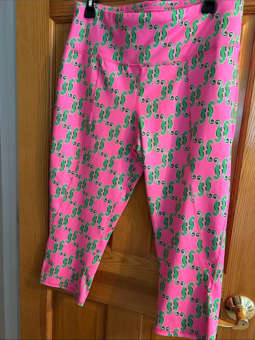 Womens Pink Seahorse Capri Leggings with Green Print
